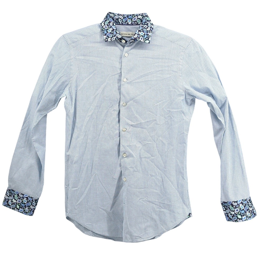 Etro Mens Size 39 Light Blue Micro Check Paisley Trim Long Sleeve Button Down